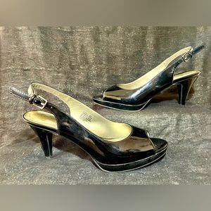 Patent faux leather heels